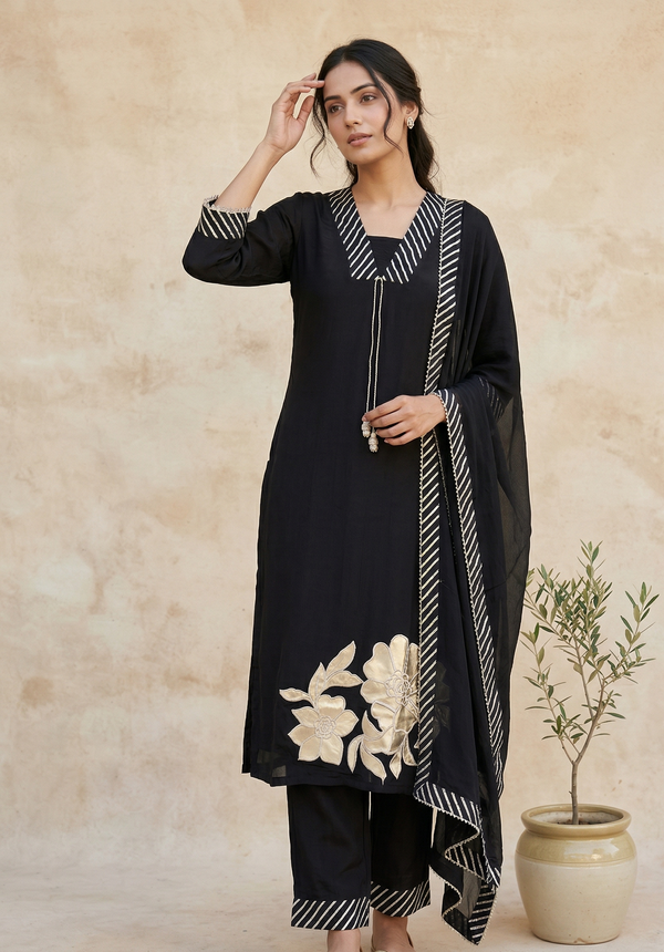 Black Nisa Crepe Silk Suit Set