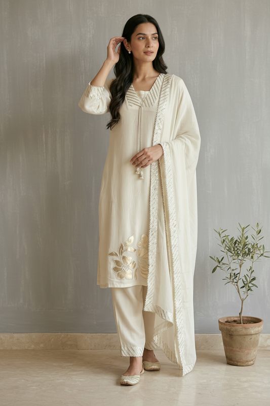 Ivory Nisa Crepe silk Suit Set