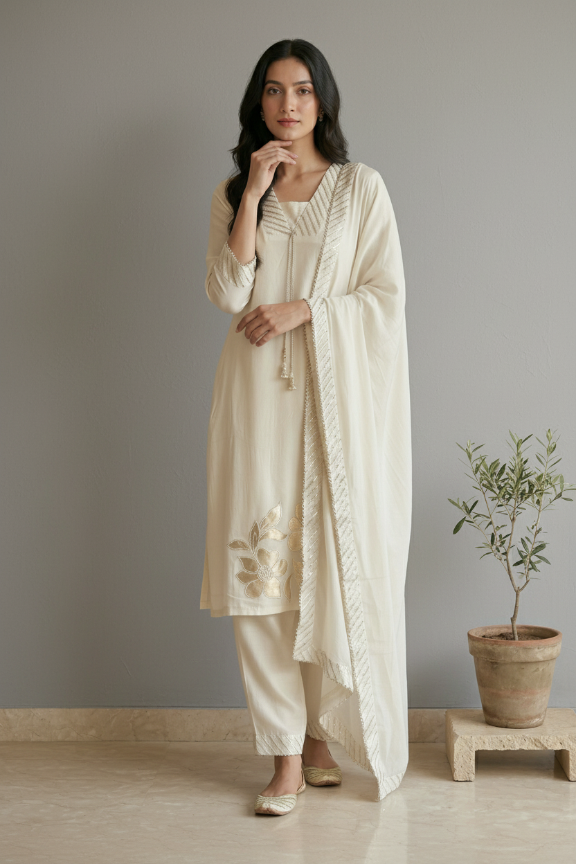 Ivory Nisa Crepe silk Suit Set