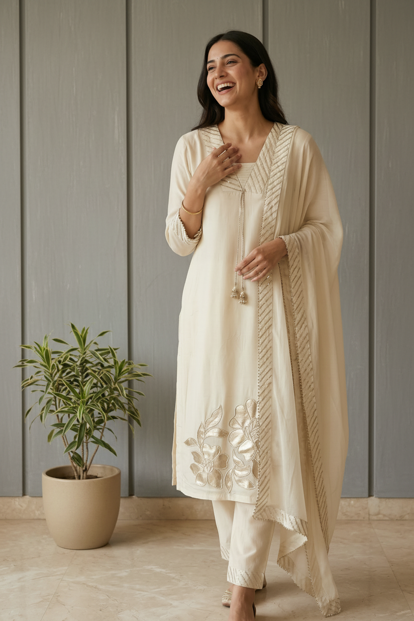 Ivory Nisa Crepe silk Suit Set