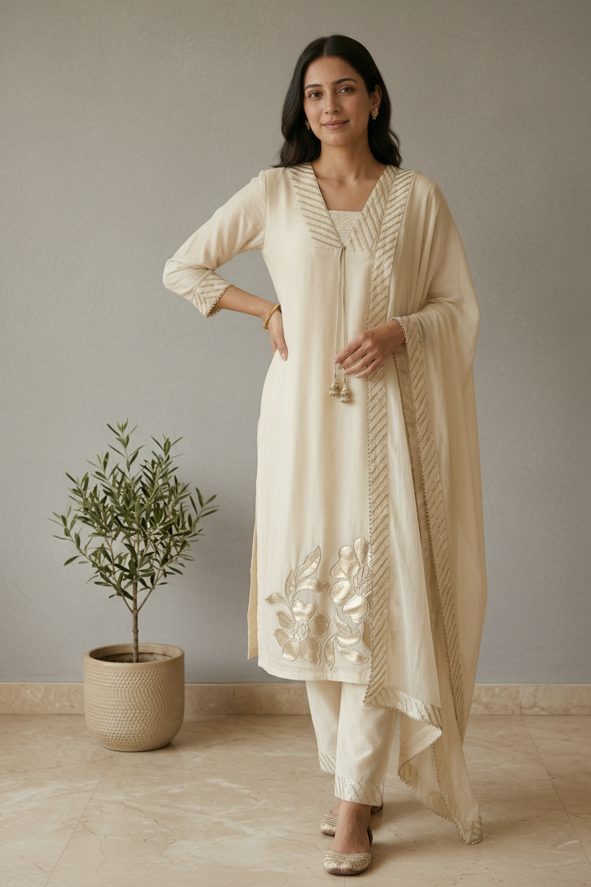 Ivory Nisa Crepe silk Suit Set