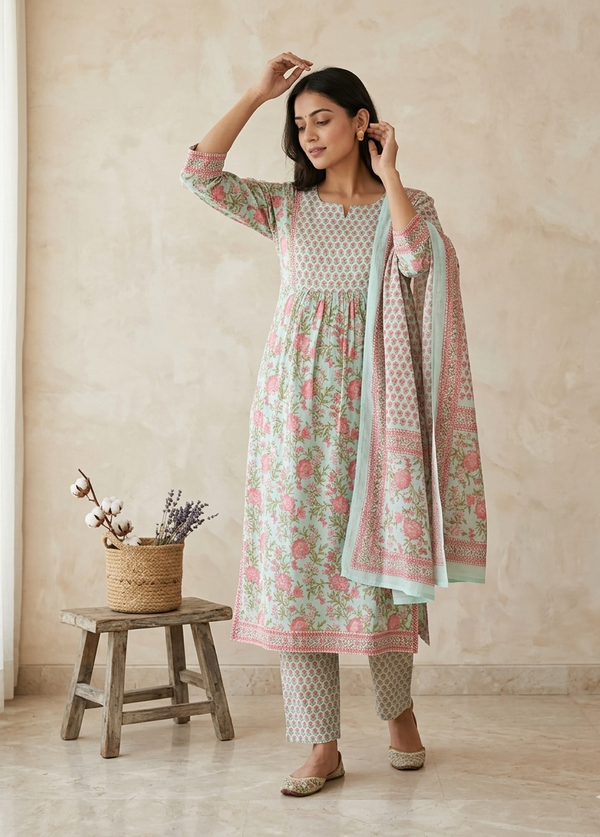 Pista Green Jasmine Floral Nyra cut Cotton suit set