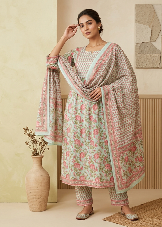 Pista Green Jasmine Floral Nyra cut Cotton suit set