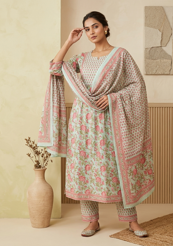 Pista Green Jasmine Floral Nyra cut Cotton suit set