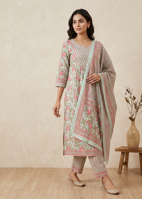 Pista Green Jasmine Floral Nyra cut Cotton suit set