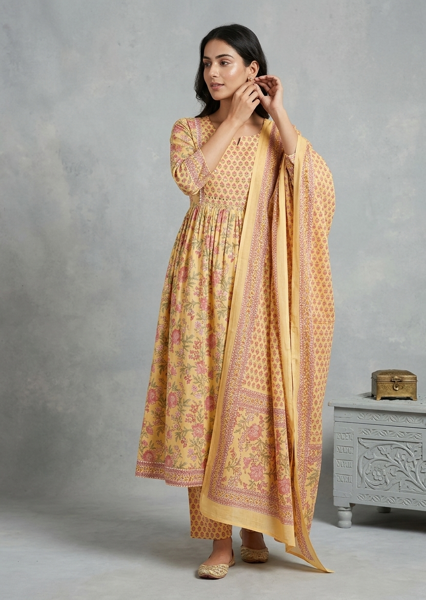 Yellow Jasmine Cotton floral print Nyra Suit set