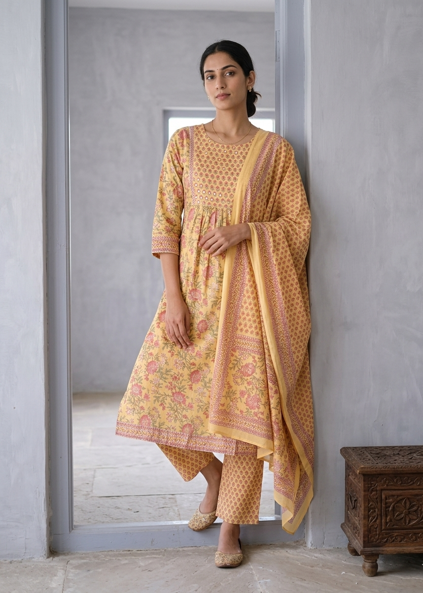 Yellow Jasmine Cotton floral print Nyra Suit set