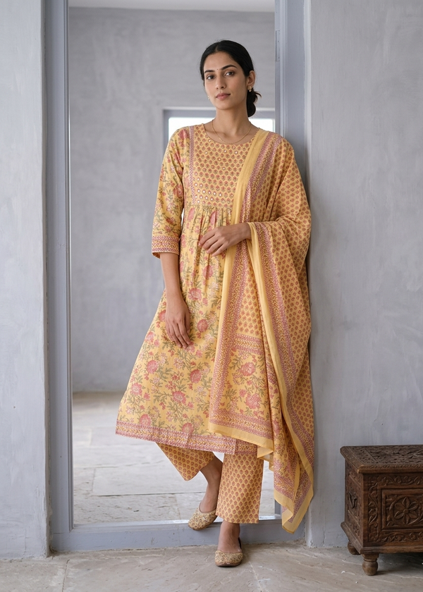 Yellow Jasmine Cotton floral print Nyra Suit set