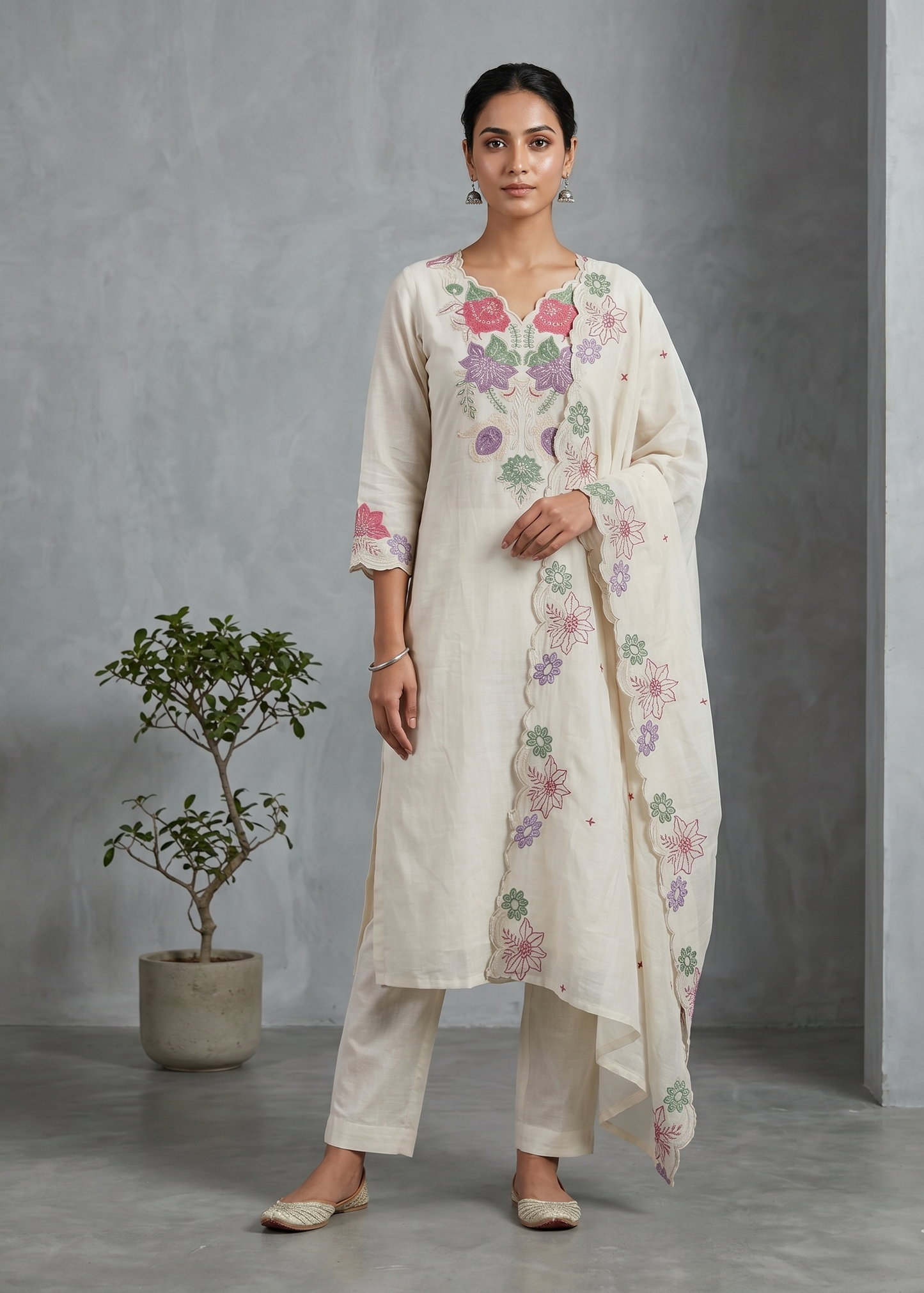 Women’s Off White Trusha Cotton Suit Set in breathable fabric with printed ethnic design and dupatta