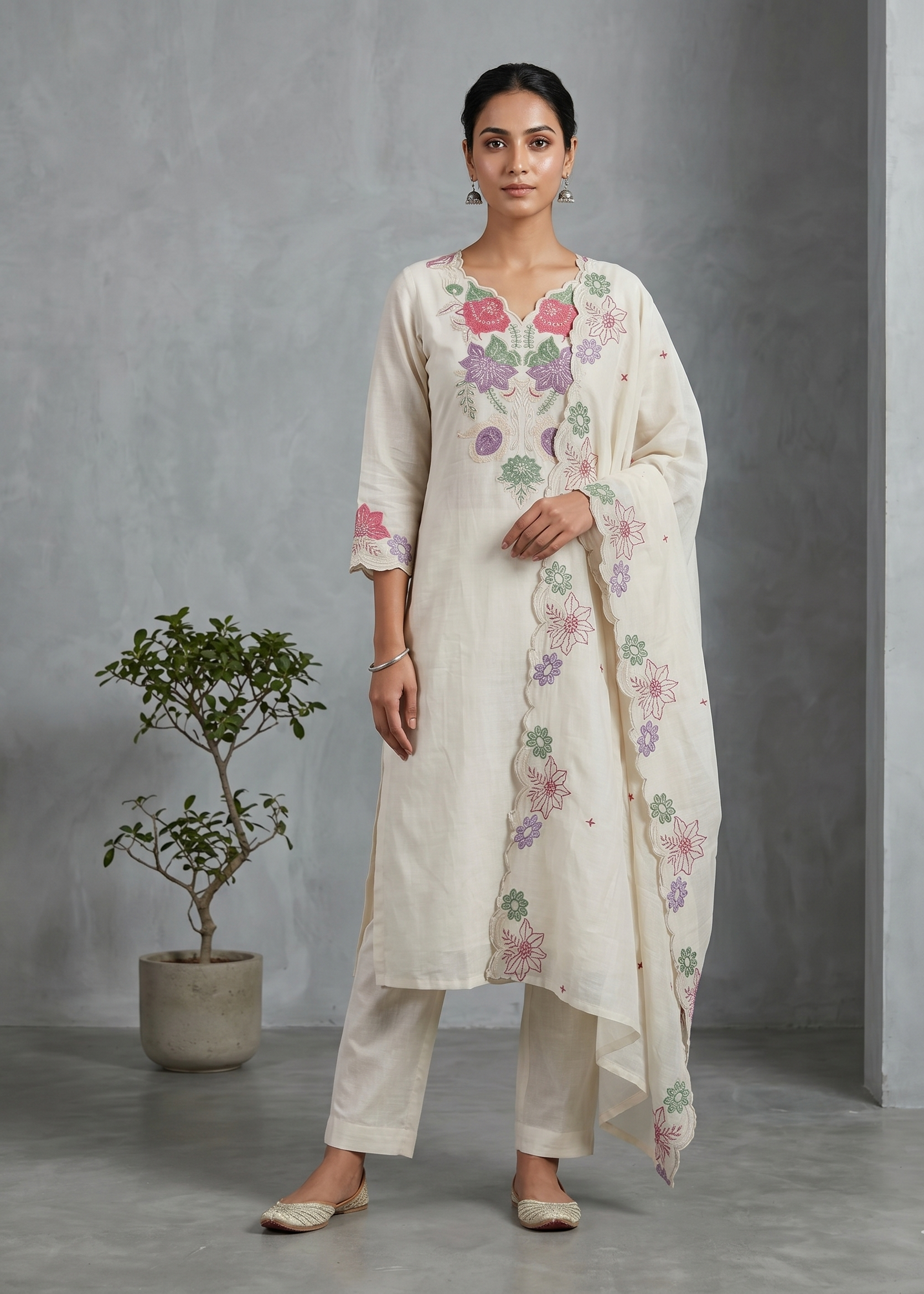 Women’s Off White Trusha Cotton Suit Set in breathable fabric with printed ethnic design and dupatta