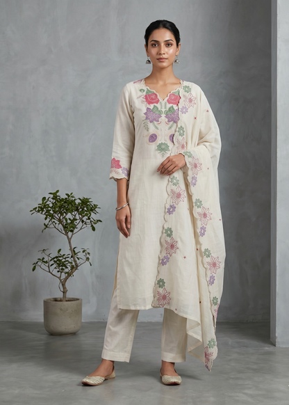 Women’s Off White Trusha Cotton Suit Set in breathable fabric with printed ethnic design and dupatta