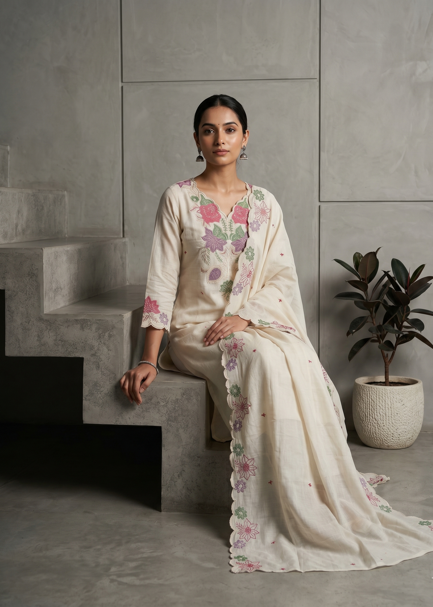 Women’s Off White Trusha Cotton Suit Set in breathable fabric with printed ethnic design and dupatta