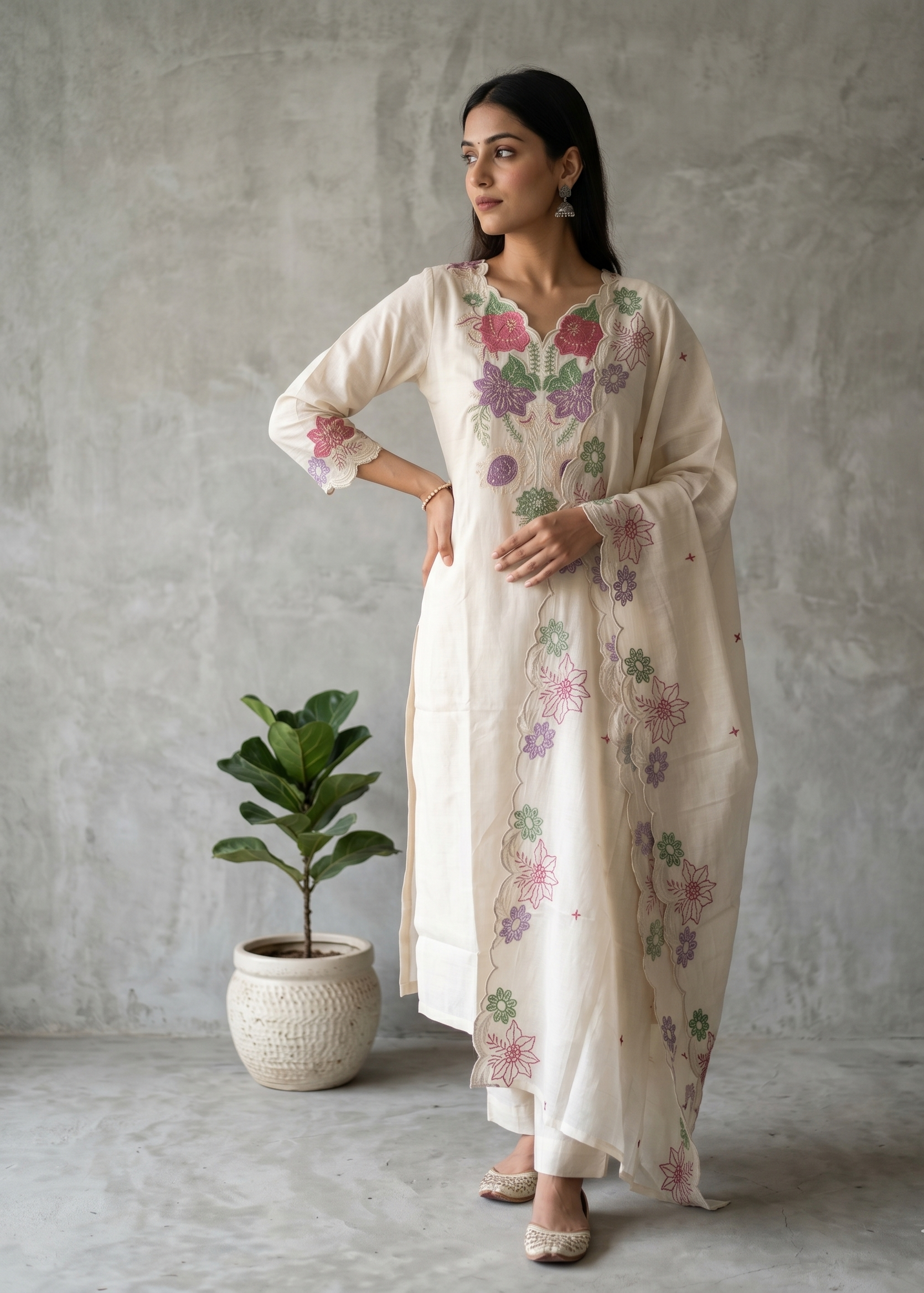 Women’s Off White Trusha Cotton Suit Set in breathable fabric with printed ethnic design and dupatta
