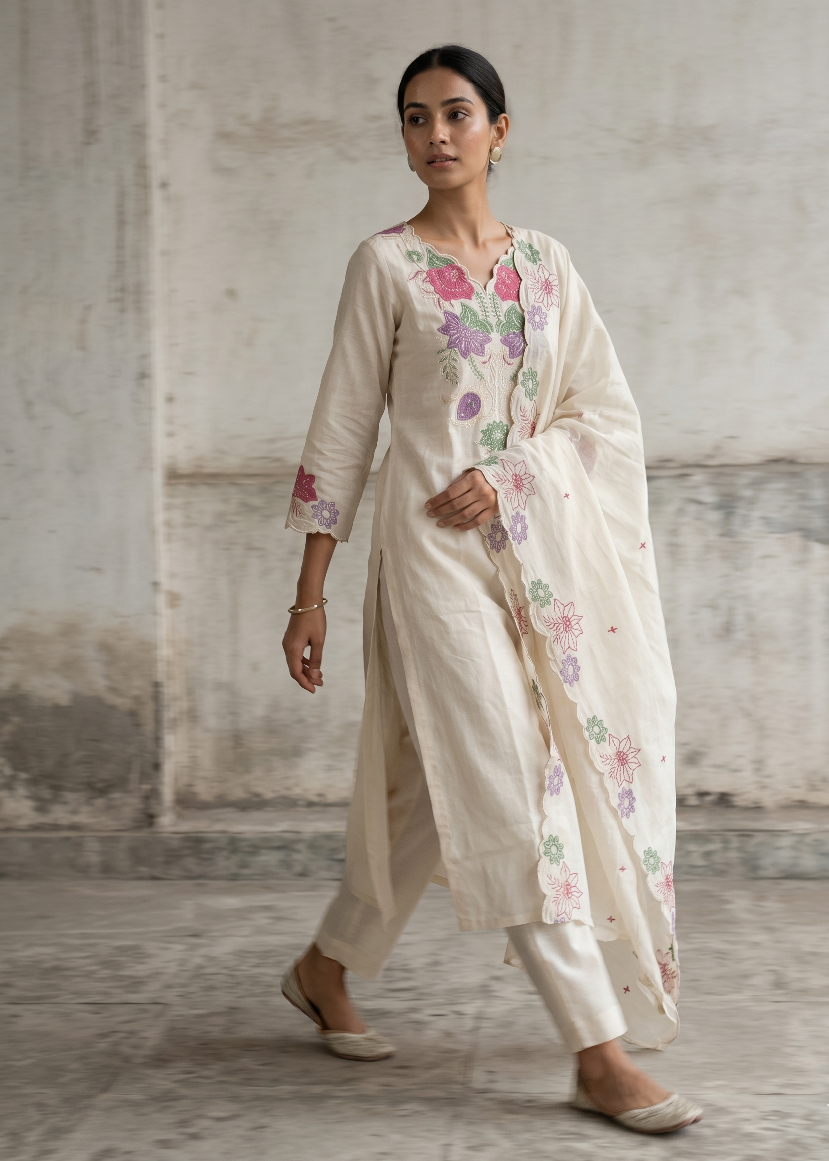 Elegant women’s off white cotton suit set with traditional detailing and comfortable everyday fit