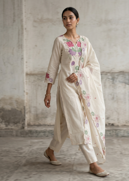 Elegant women’s off white cotton suit set with traditional detailing and comfortable everyday fit