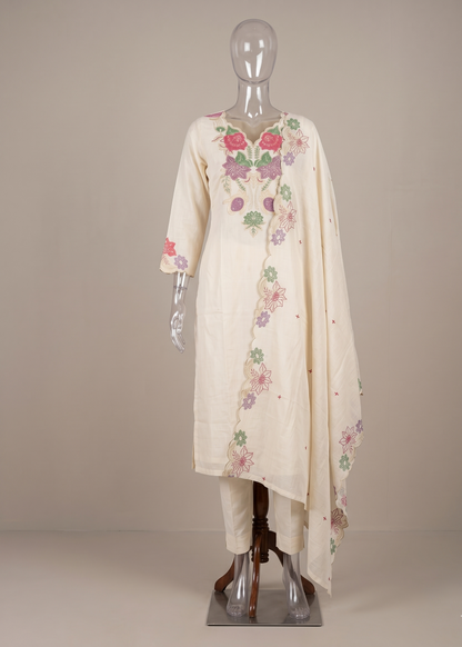 Off White Trusha Cotton Ethnic Set of 3 with coordinated kurta, pants and lightweight dupatta