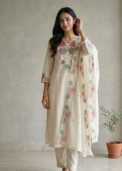 Festive embroidered salwar suit with floral patterns and elegant dupatta