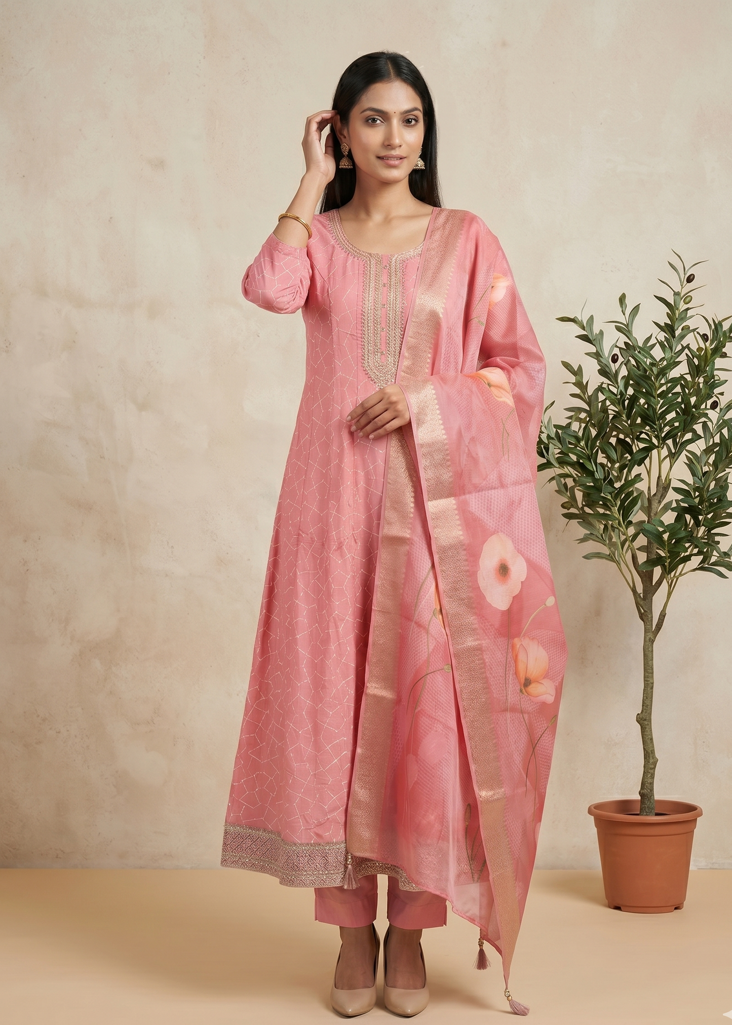 Onion Pink Rina Silk Anarkali set