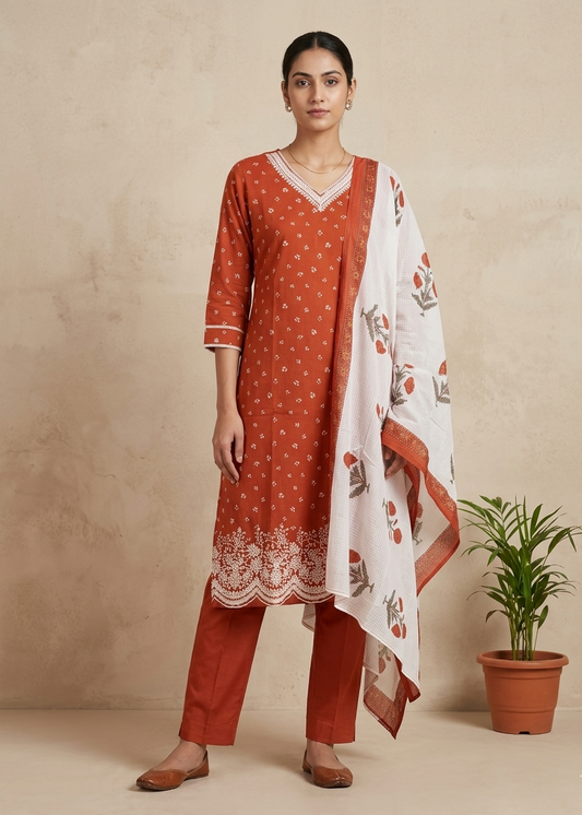 Orange Arohi Cotton Suit-Set of 3