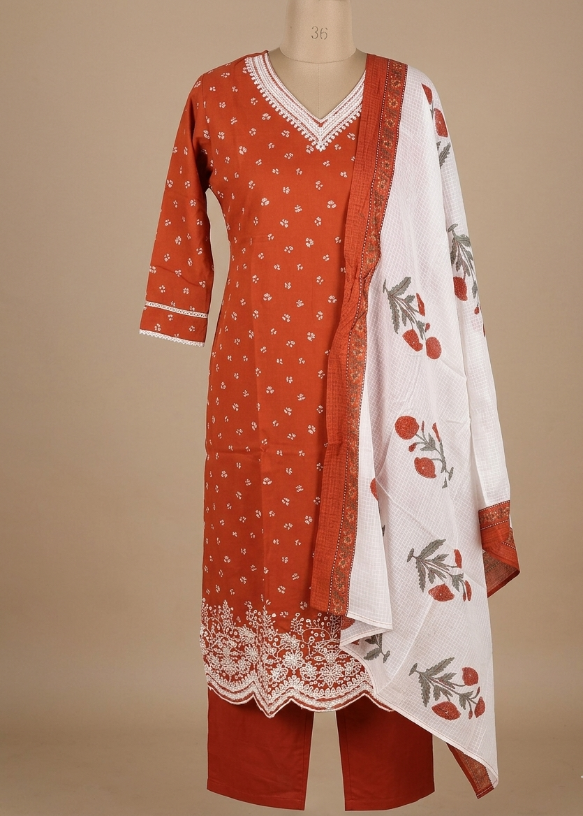 Orange Arohi Cotton Suit-Set of 3