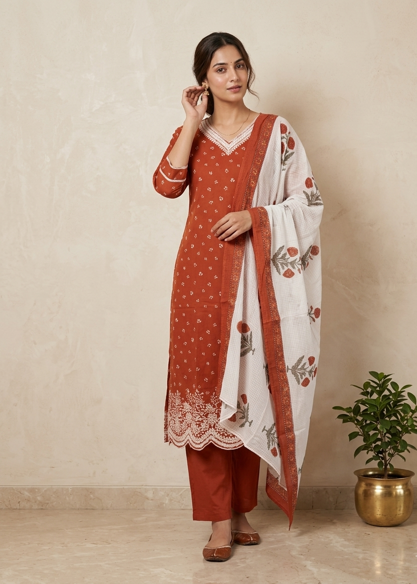 Orange Arohi Cotton Suit-Set of 3