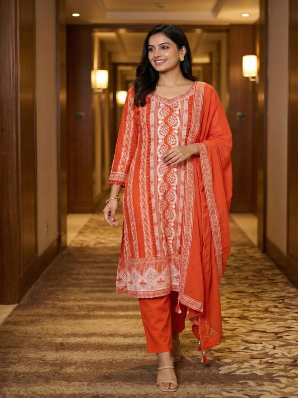 Orange Reena Silk C-cut Suit set - Set of 3