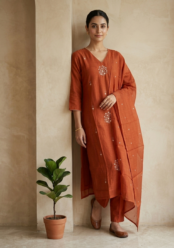 Mirha Rust Orange Mul chanderi Suit Set