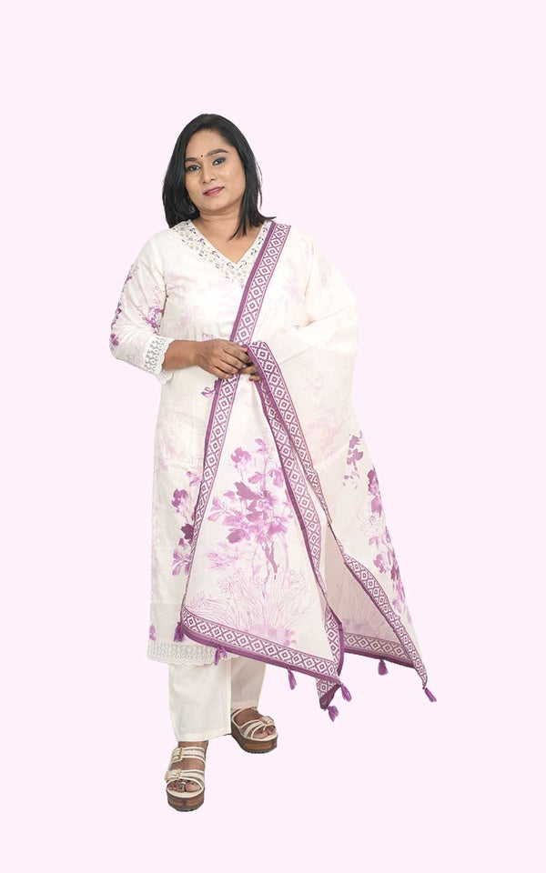 Off white Purple Petals cotton suit set