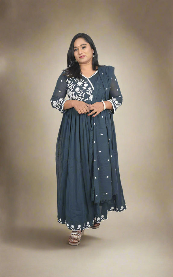 Blue Mul Cotton Anarkali set