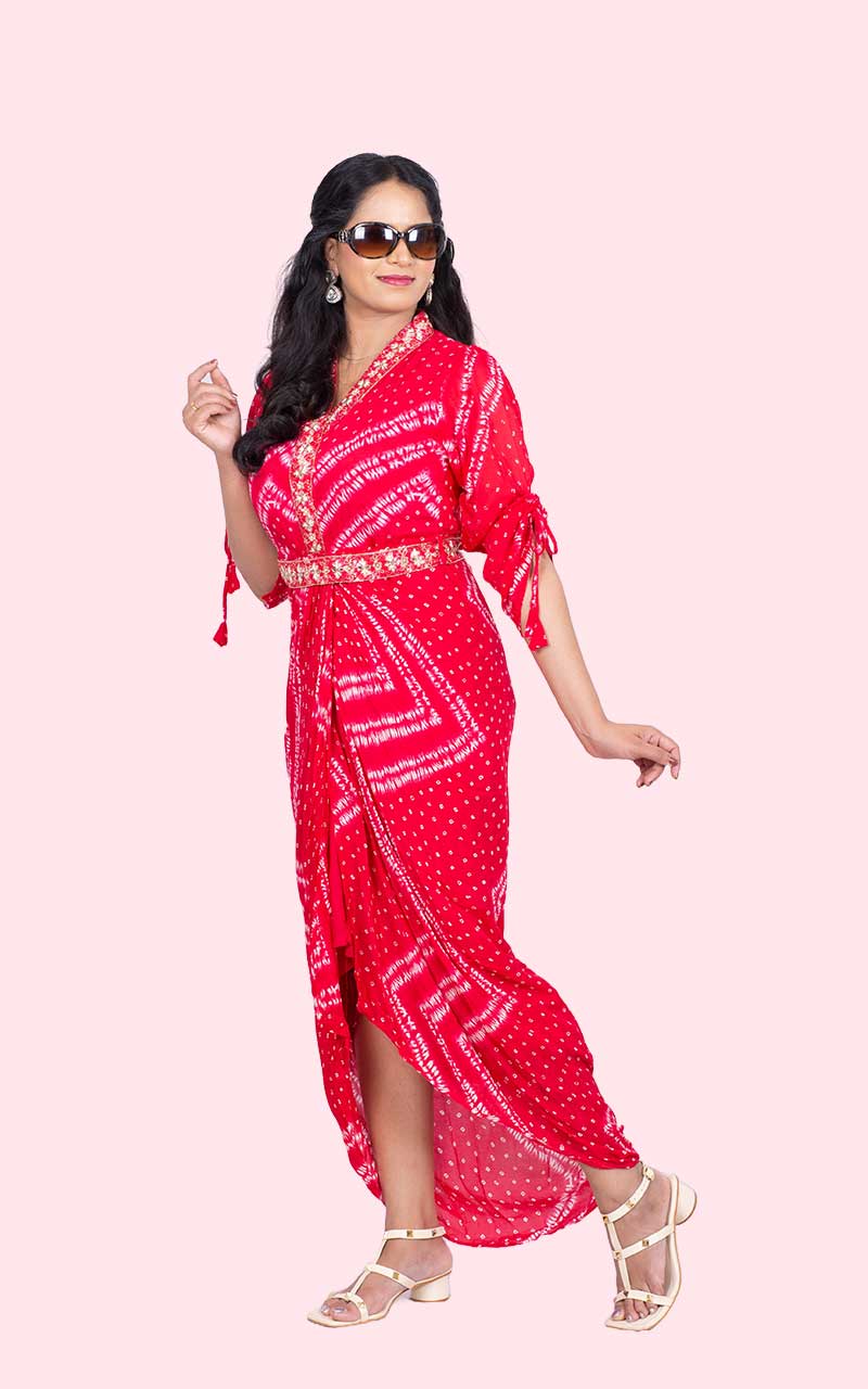 Red Megha Bandini Cowl Gown