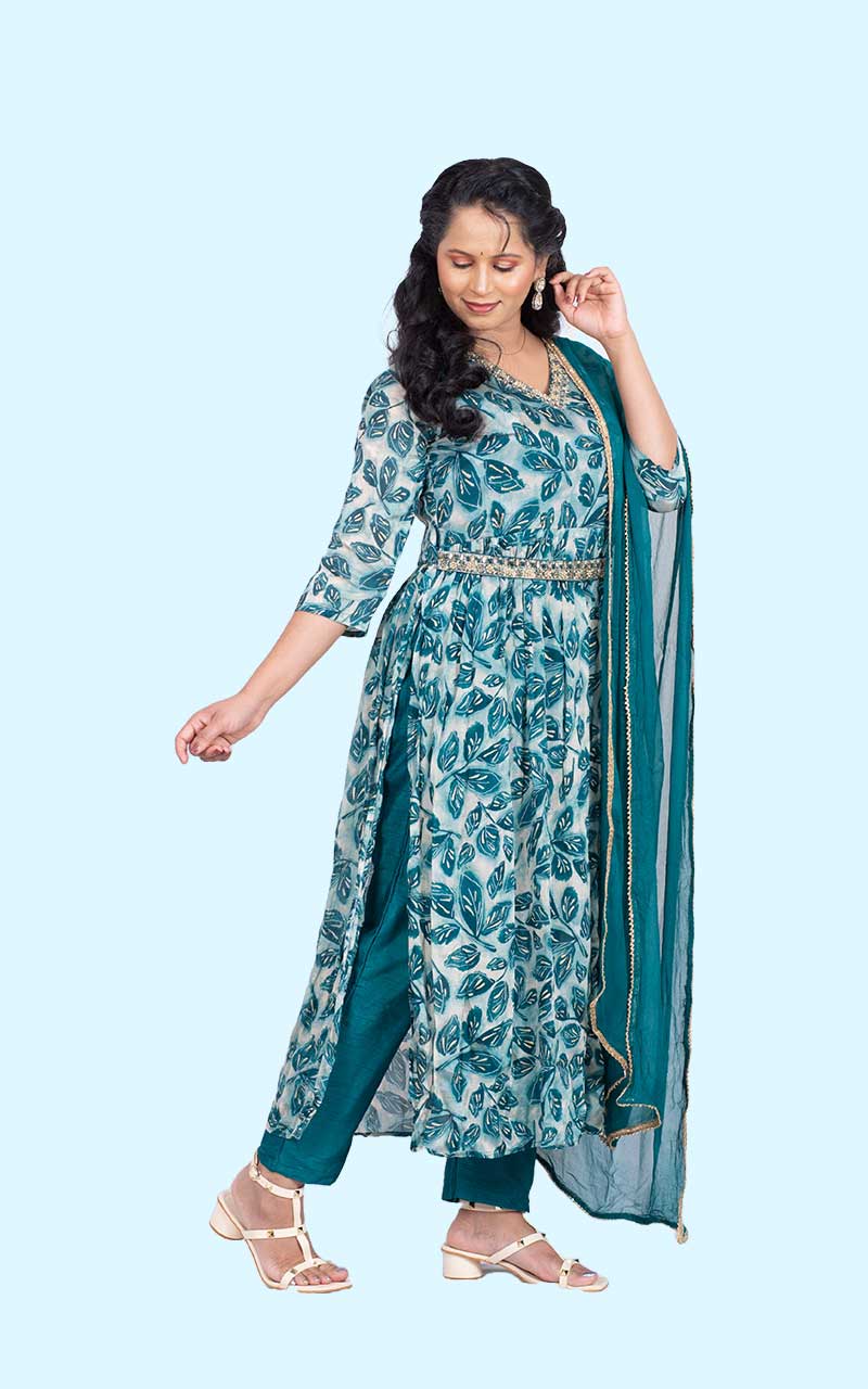 Teal Green Nyracut Chinon silk suit set