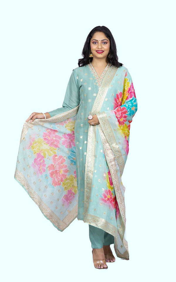 Powder Blue Organza Banarasi Suit Set