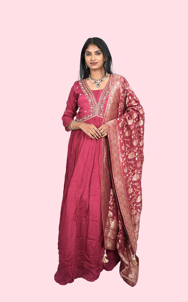Maroon Anam chinon silk Empire gown