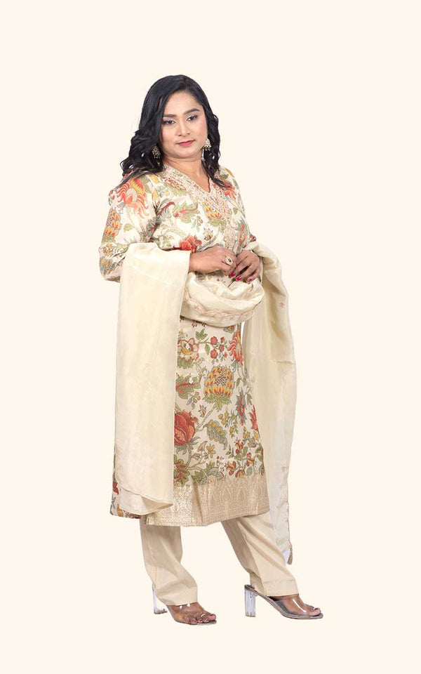 Beige Kalamkari Tissue silk Suit Set