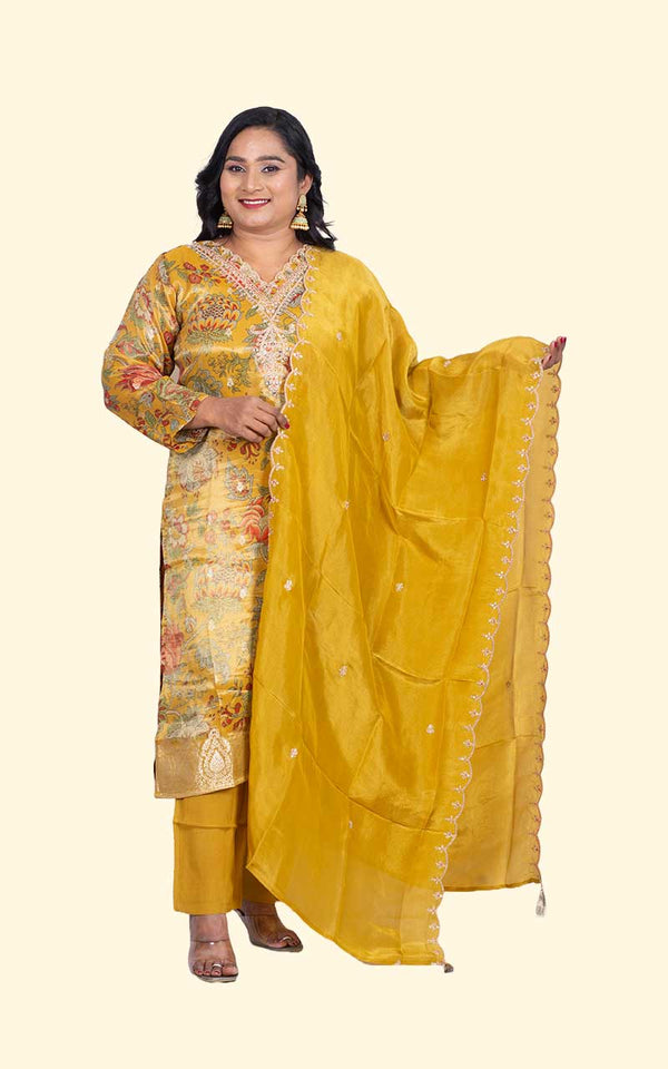 Yellow Kalamkari Tissue silk Suit Set