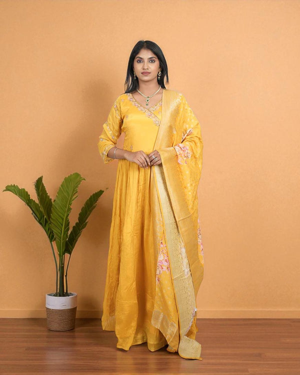 Yellow Mishika chinon silk Handcrafted Gown