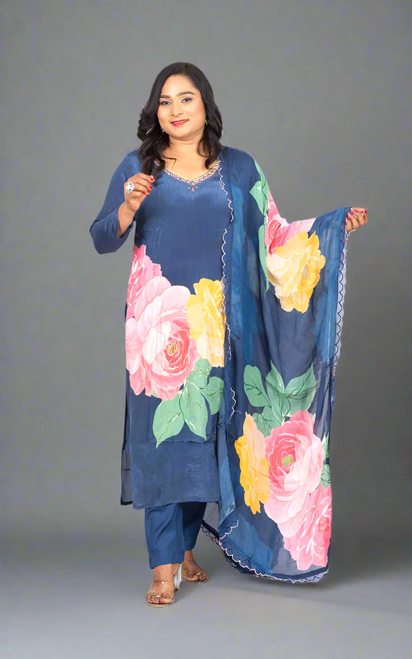 Blue Payal crepe silk suit set