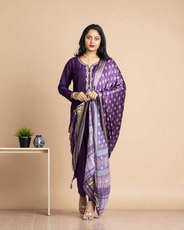 Purple Gajji silk Suit Set
