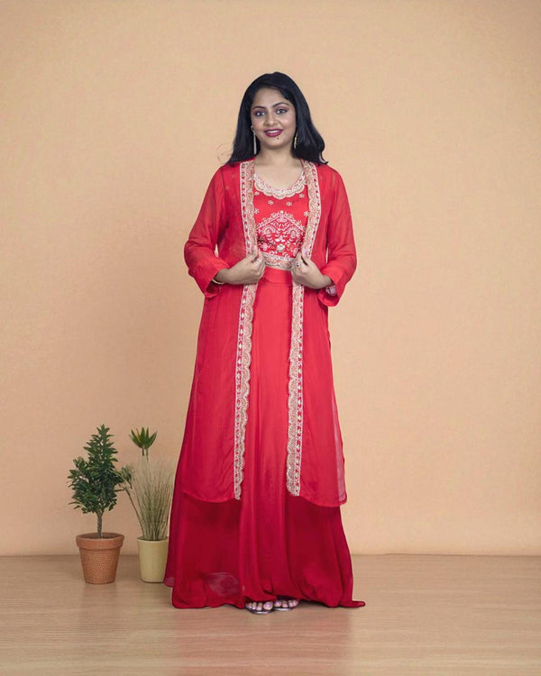 Red Chinon silk Handcrafted Jacket Lehanga Set