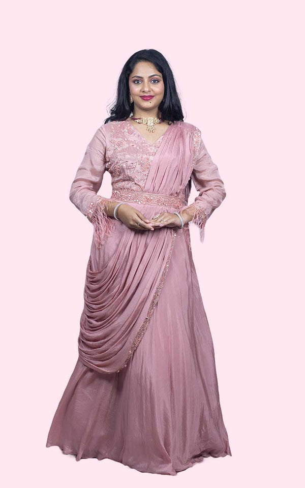 Onion Pink Chinon silk drape gown - Indo Western
