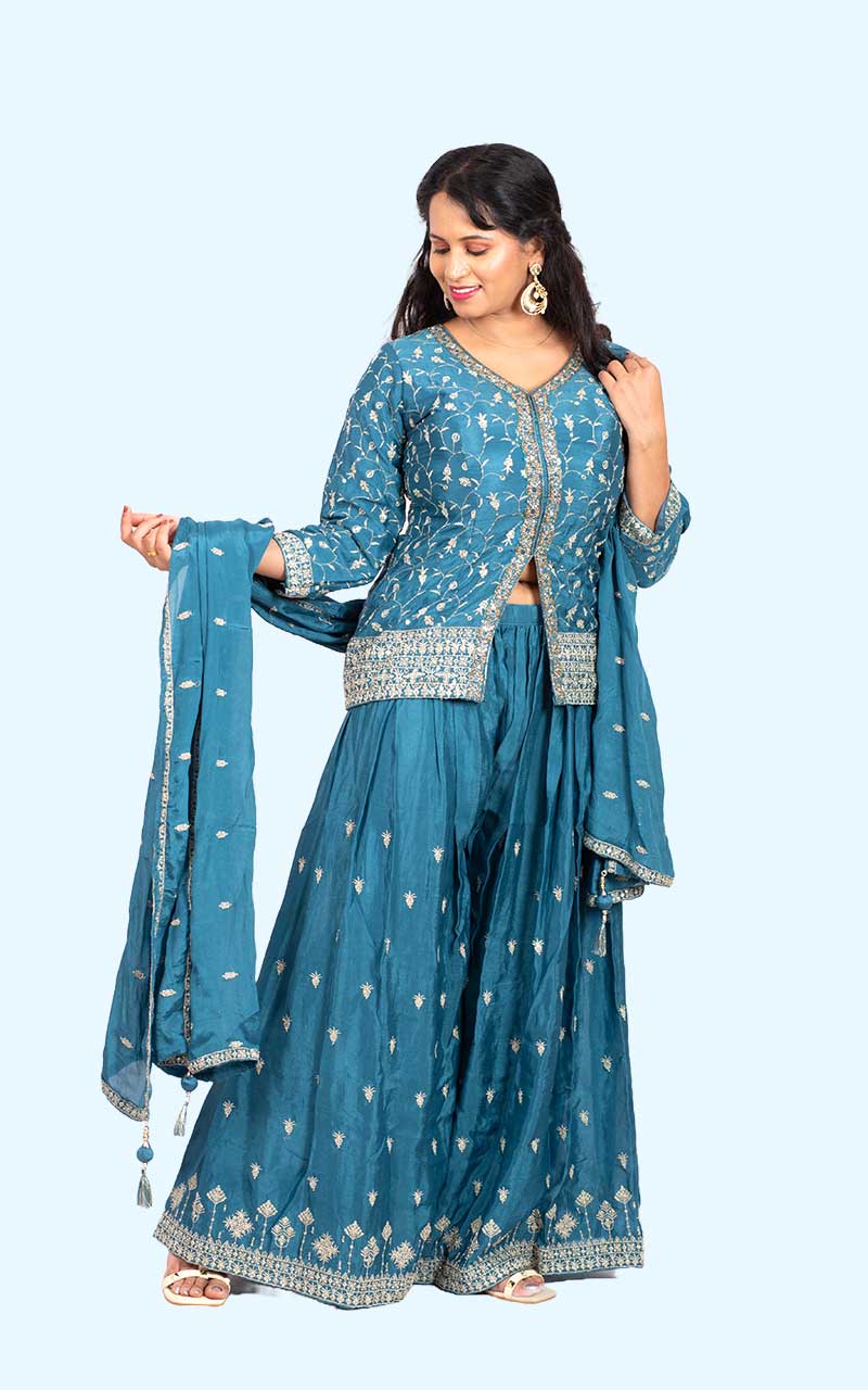 Powder Blue Falak chinon silk embroidered Blazer set