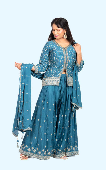 Powder Blue Falak chinon silk embroidered Blazer set