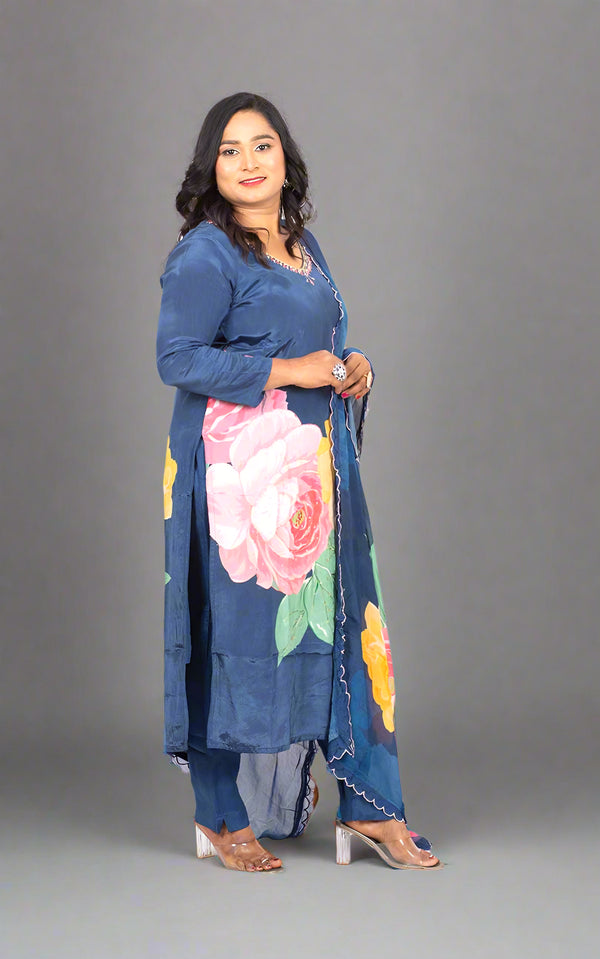 Blue Payal crepe silk suit set