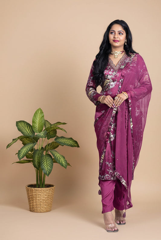Maroon printed Satin Silk Suit Set