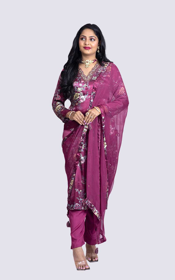 Maroon printed Satin Silk Suit Set