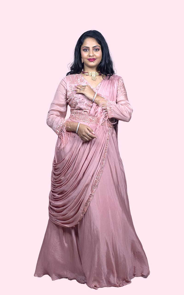 Onion Pink Chinon silk drape gown - Indo Western