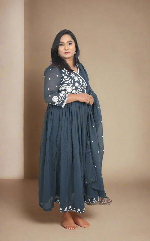 Blue Mul Cotton Anarkali set