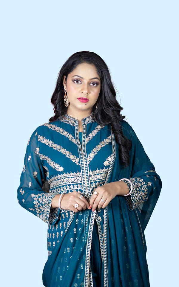 Teal green Georgette sharara set