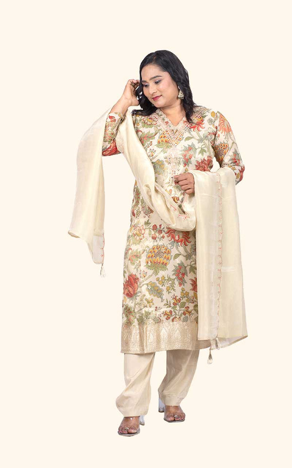 Beige Kalamkari Tissue silk Suit Set