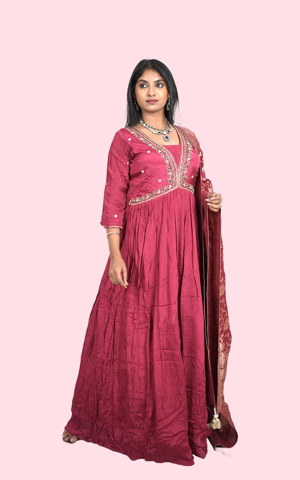 Maroon Anam chinon silk Empire gown